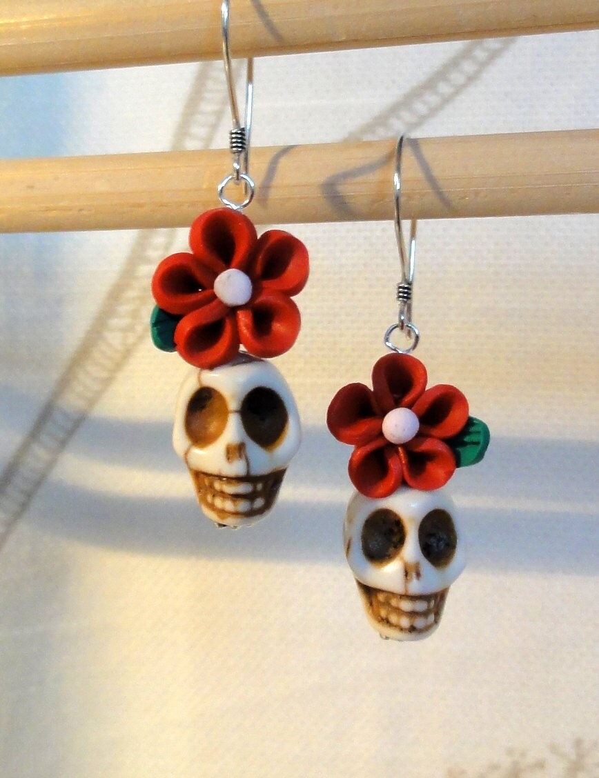 Dia de los Muertos Earrings White Skull w/ Red Flower