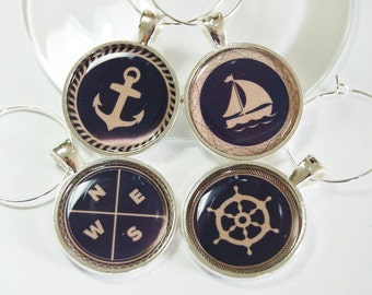 Sailing Wine Charms, Wine Glass Charms, Wine Charms, barware, Nautical Housewares, entertaining, table setting, Nautical, Navy, Tan (2634)