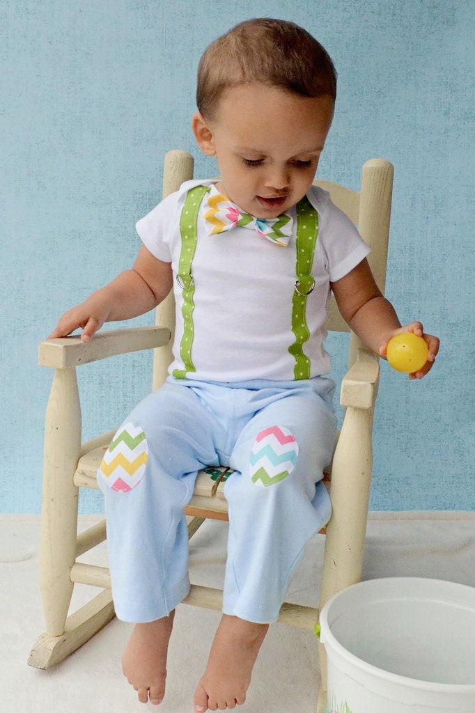Baby Boy Easter Bow Tie Bodysuit with Suspenders and Matching