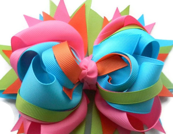 Girls hair bows Boutique bow Pink Turquoise by PoshPrincessBows1