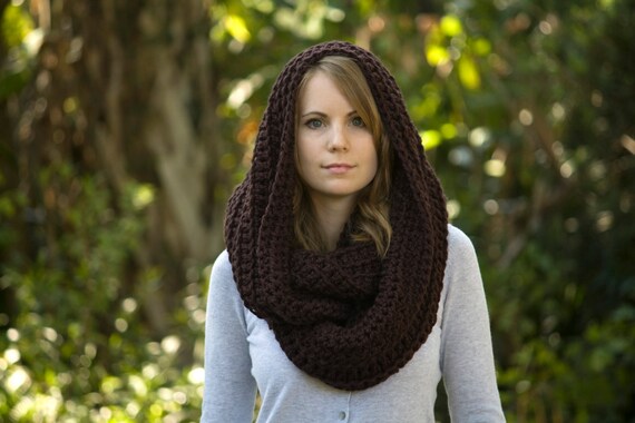 Oversized Hooded Infinity Scarf Brown Chunky by WellRavelled