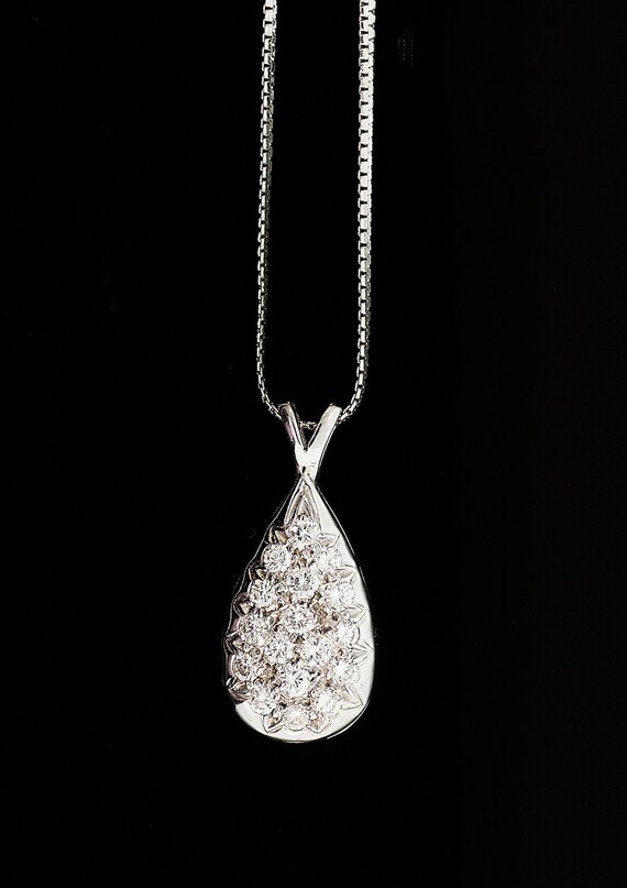 VIntage 14k White Gold Diamond Teardrop Pendant Necklace