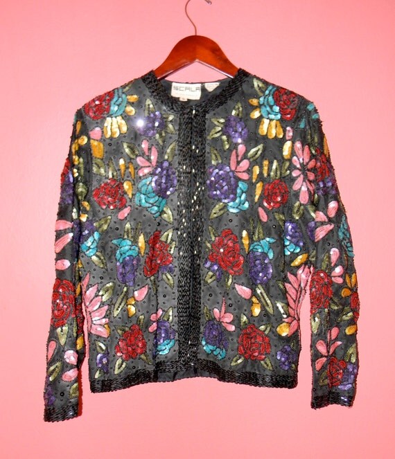 Vintage Sequin Jacket Beaded Silk Scala Floral Glamorous