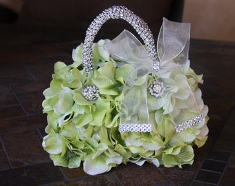 flower girl basket rustic with hydrangea petals and brooches keepsake floral purse green flower girl basket flower girl handbag
