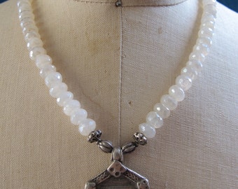 Necklace with Antique Indian Silver Durga Amulet and White Agate