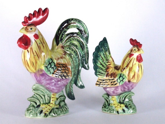 vintage rooster and hen figurines