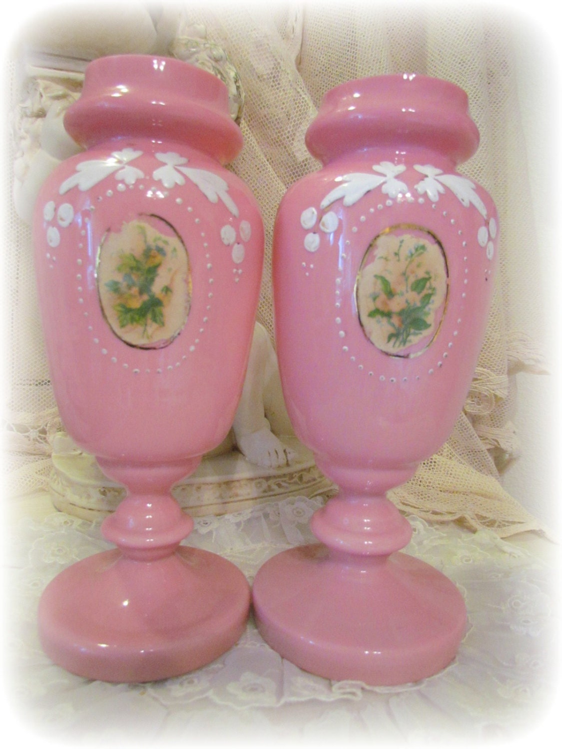 Antique Victorian Pink Bristol Glass Vases Pair by VannasArmoire