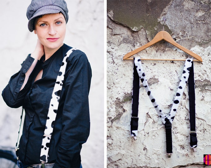 Womens Suspenders with dots, Velvety Womens Suspenders, Black and White Women Suspenders, Animal Print Suspenders, Girlfriend Gift