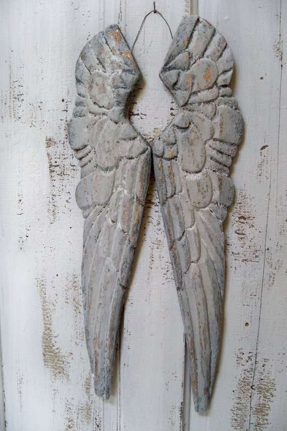 Wooden angel wings wall sculpture white gray distressed carved