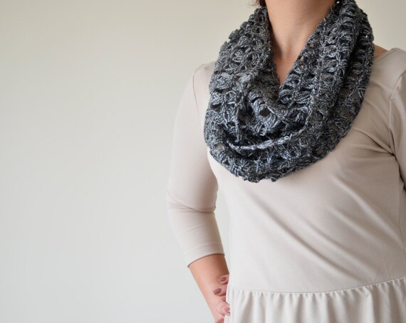 broomstick crochet lace pattern infinity scarf Cowl, Grey Infinity Scarf, Broomstick Women Scarf, Crochet Lace