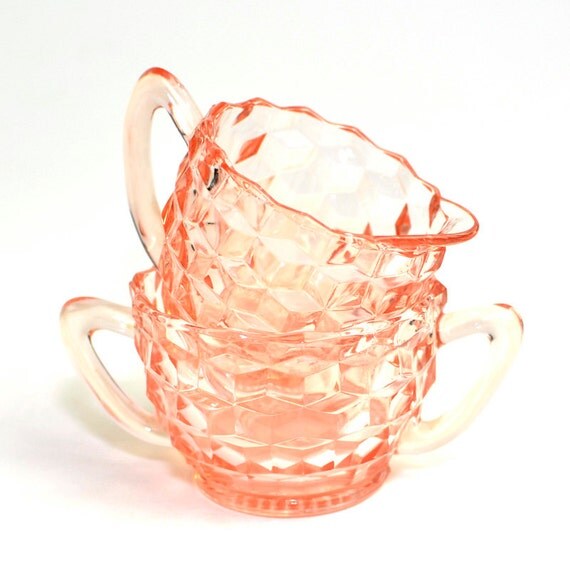 Pink Fostoria Glass Cream & Sugar Bowl Set American Pattern