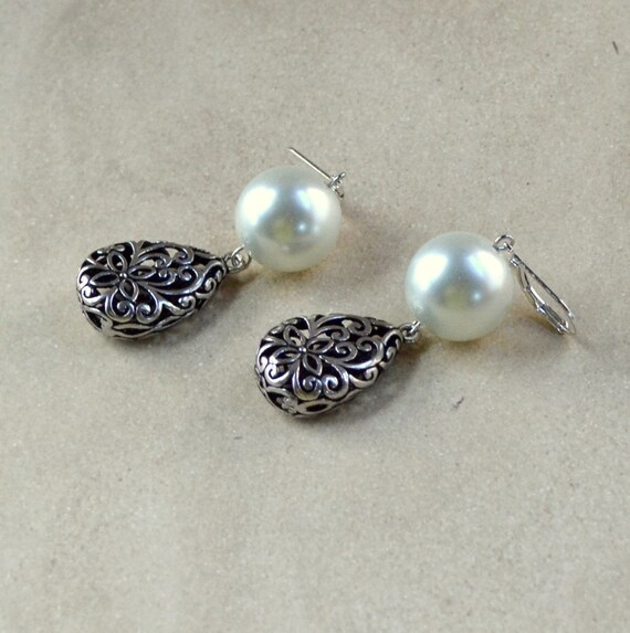 Extra Large Pearl Chunky Dangle Earrings Silver Cutout 3D