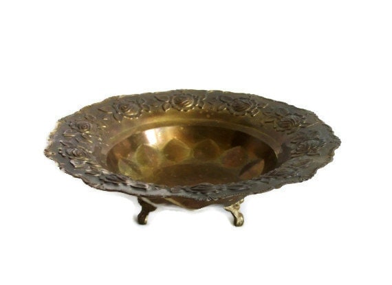 Footed vintage brass bowl embossed flowers rim by cabinetocurios