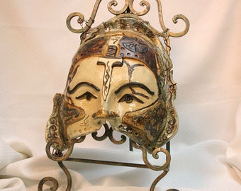 Ceramic Mask Sculpture,Art nouveau- Mask, Art Clay Face Decor, Fine Art Display, Medieval Art,Knight Sculpture, Middle Ages Clay Art Lover