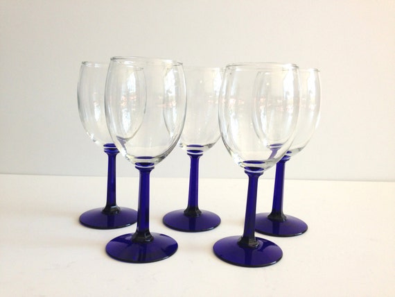 Vintage Cobalt Blue Stem Wine Glasses Set of five 5