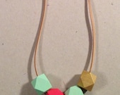 boho necklace / 21mm wood beads / hand painted / mint green / bright red / gold / leather