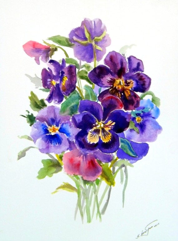 Download Pansies original watercolor painting 12 X 9 purple violet