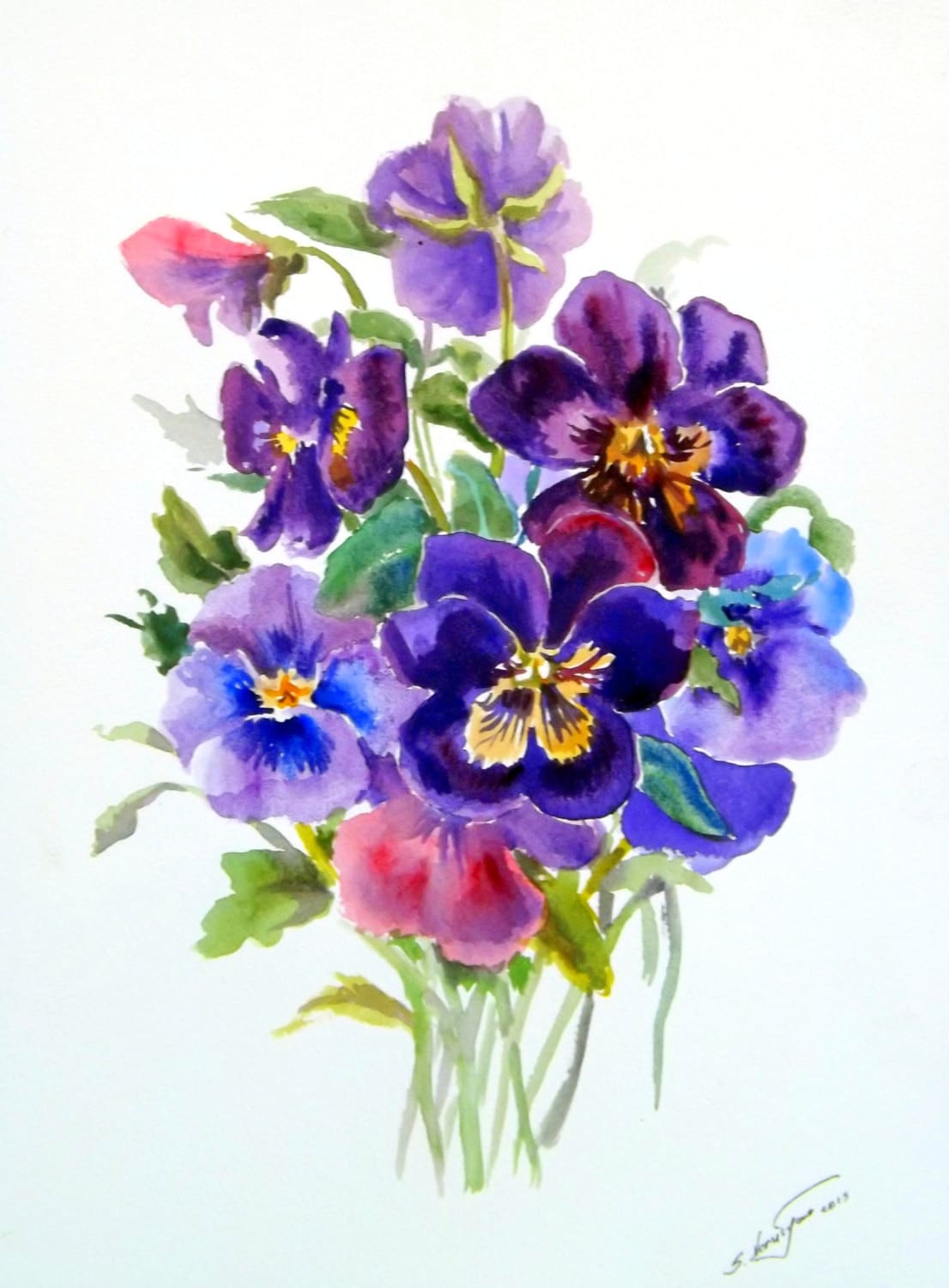 Pansies original watercolor painting 12 X 9 purple violet