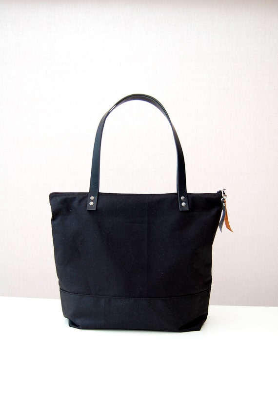 Black waxed canvas zip tote bag with black leather by ForestBags