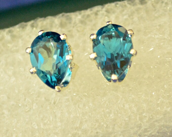 London Blue Topaz Stud Earrings, 9x5mm Pear Shape, Natural, Set in Sterling Silver E227