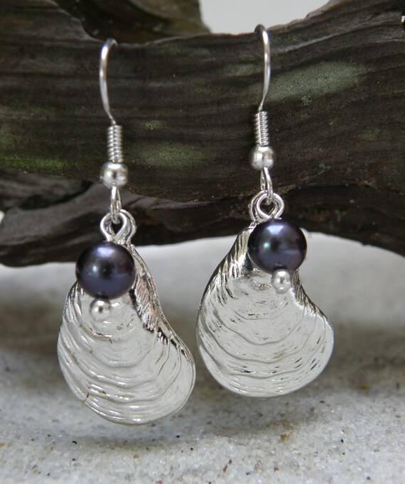 Coastal Inspired Silver Oyster Shell and Pearl Earrings