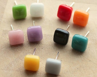 GLASS STUD EARRINGS Colourful Geometric Square Studs Mix and Match Tiny Cute Jewellery Colours Surgical Steel Stocking Filler Gift for Her