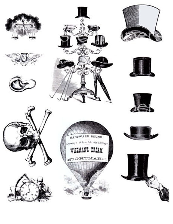 Download Victorian Line Art Illustrations Top Hat Skull & Crossbones