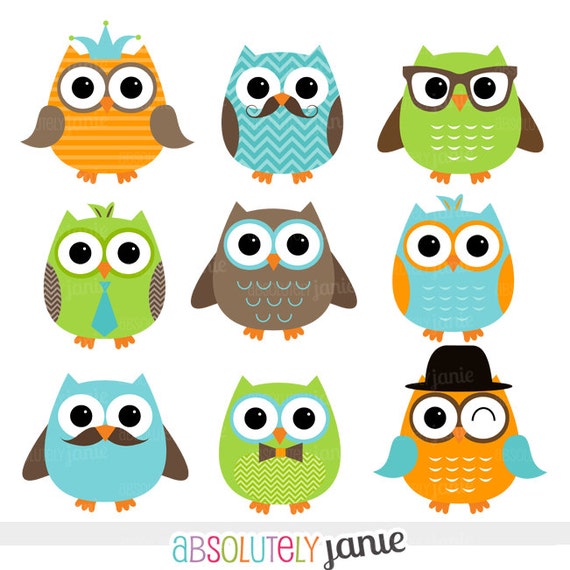 Boy Owls Orange Green Blue Digital Clipart by AbsolutelyJanie