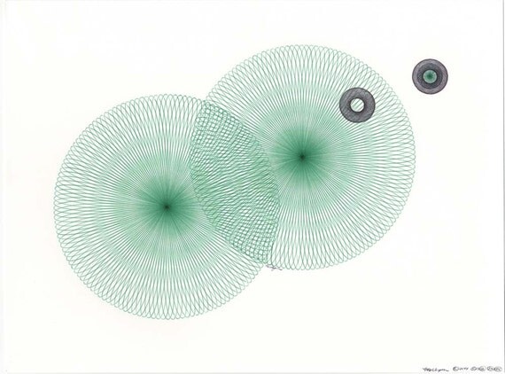 Rippling Water Original Ink Drawing Ballpoint Pen Drawing Green and Black Original Abstract Art Modern Geometric Circles Wall Art 12 x 9