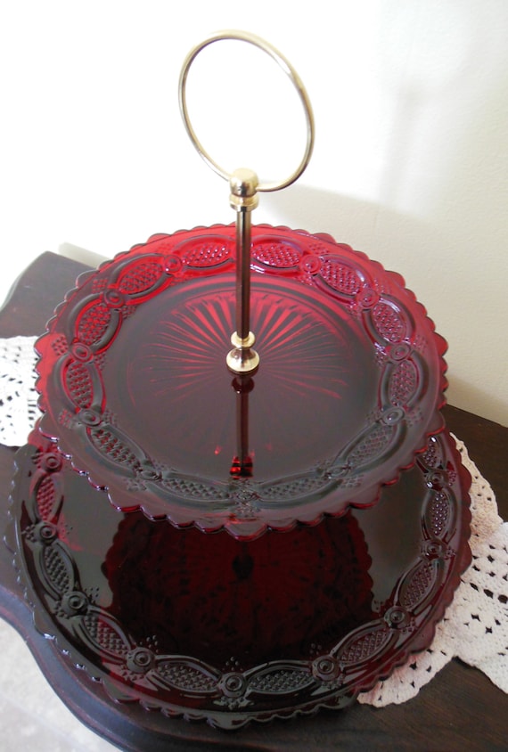 Avon Cape Cod Ruby Red Glass 2 Tier Serving Tray