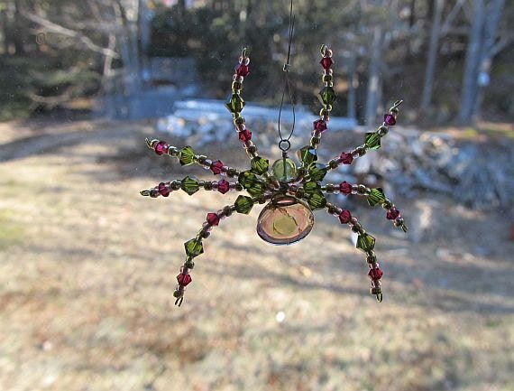 Cristal autrichien Sun Catcher - Tourmaline melon d’eau, perles araignée ornement - rose et vert décoration araignée accrochée