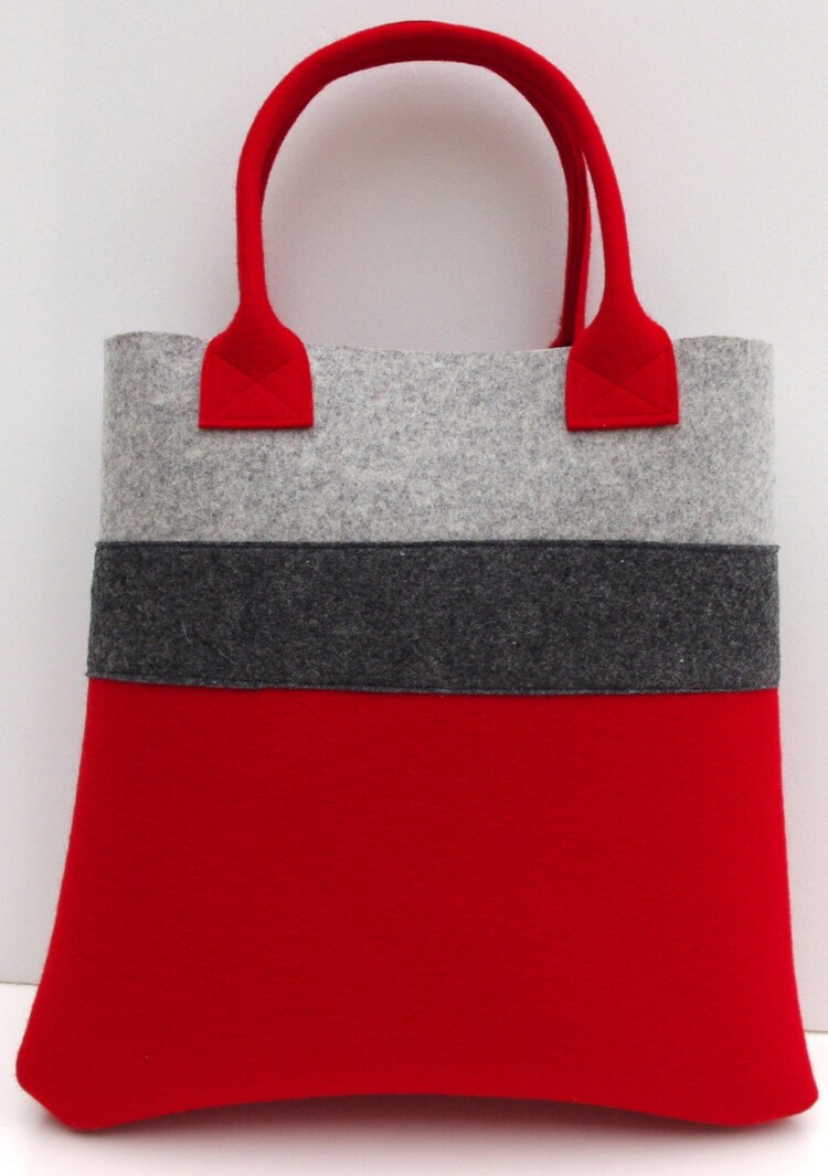 Handmade Bag Felt Tote Red and Gray Shopper Shopping by WeltinFelt