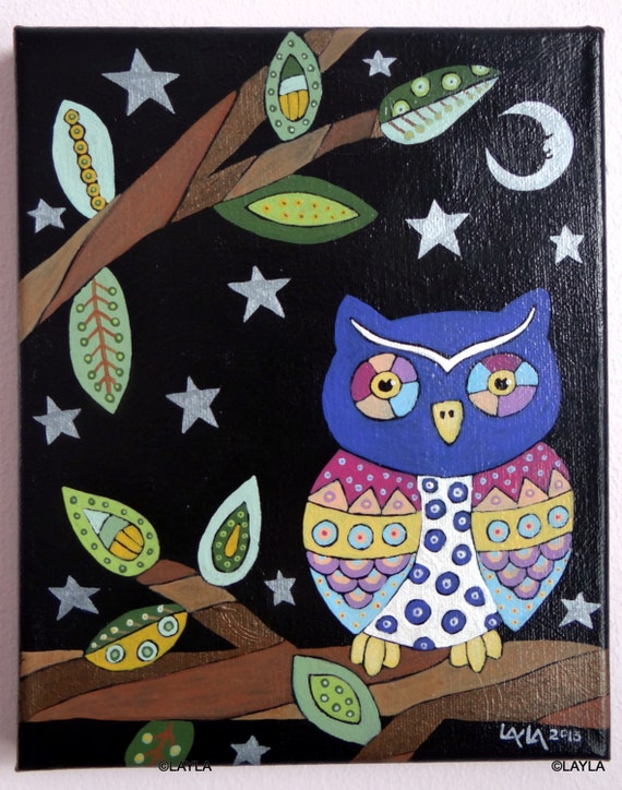 Items similar to Abstract Folk Art Owl Painting ORIGINAL Canvas ...