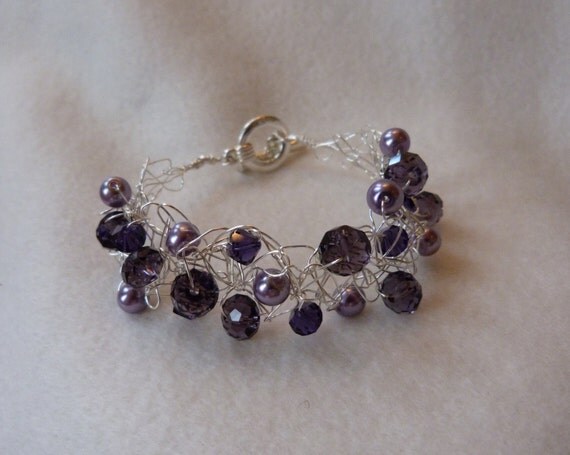 Download Items similar to Purple crocheted wire bracelet, beaded silver bracelet, crocheted jewelry ...