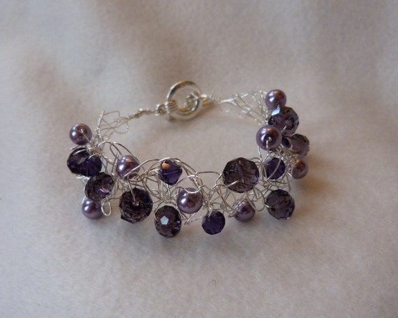 Download Items similar to Purple crocheted wire bracelet, beaded silver bracelet, crocheted jewelry ...