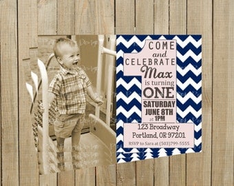Trendy Navy Blue Chevron First Birthday Invitation, Boy or Girl, Printable, Custom Digital File