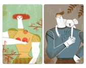 People with Animals and a few Plants - 2 Postcards Set