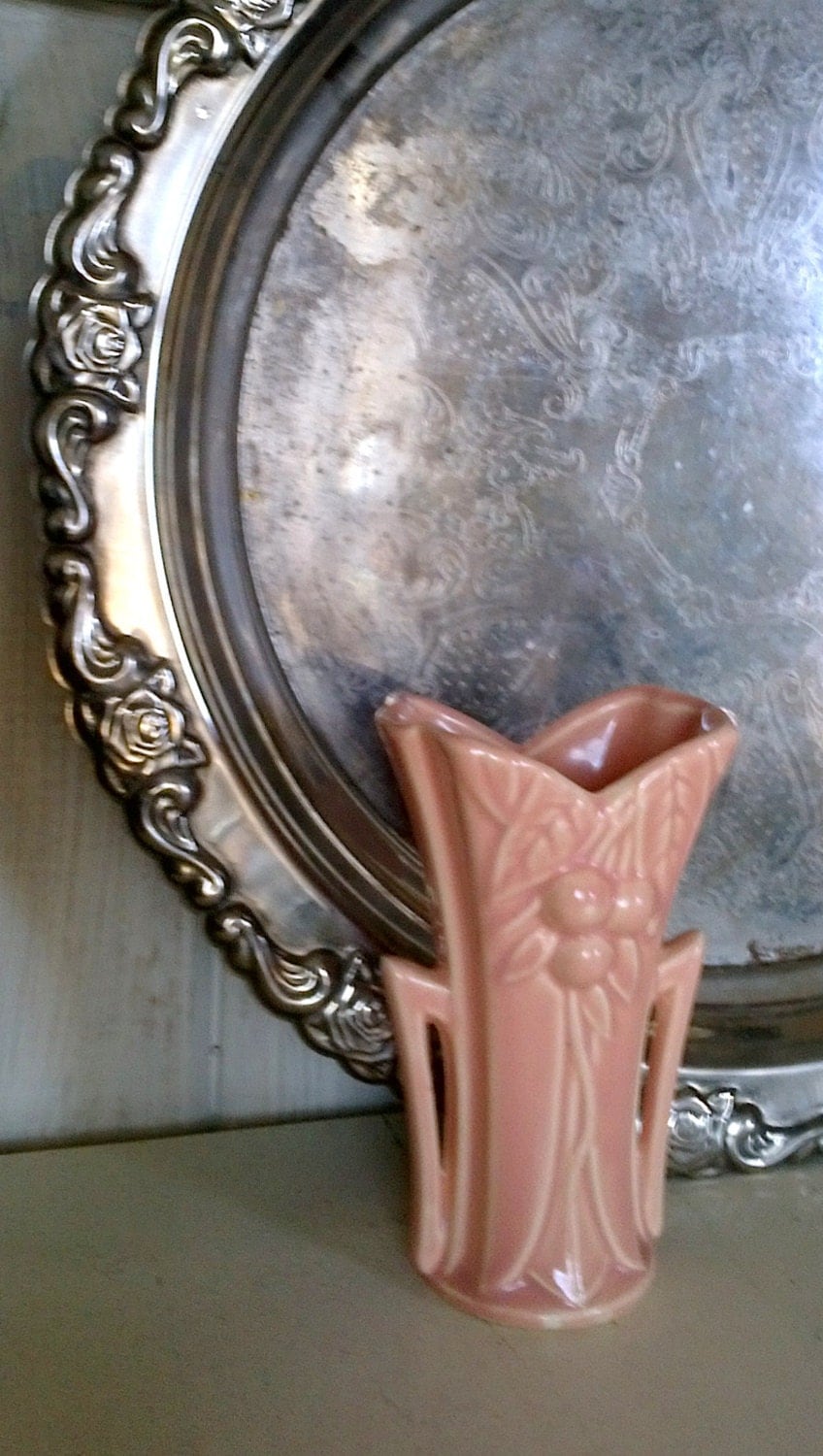 Round Vintage Silverplated Tray with Roses and Engraving Silver Plate