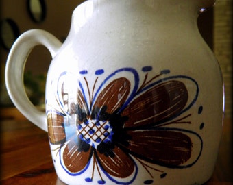 Mid Century Stavangerflint (Norway) 3-1/2" H x 4-1/2" W Creamer--Gray Background with Blue and Brown Flowers--Charming and Cheerful