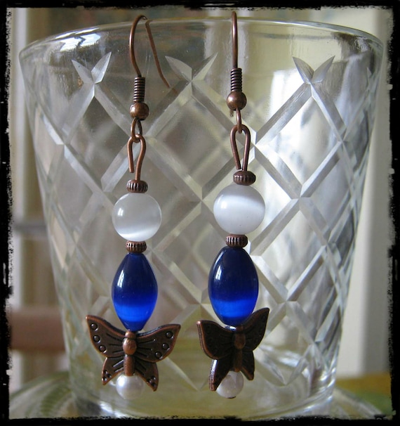 Handmade Copper Hook Earrings with Blue Opal, White Cat Eye, Pearl & Butterfly by IreneDesign2011