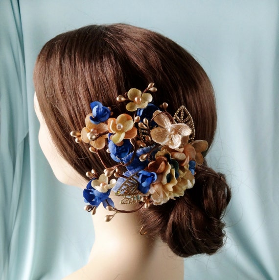 Items similar to royal blue  and gold flower hair  accessory  