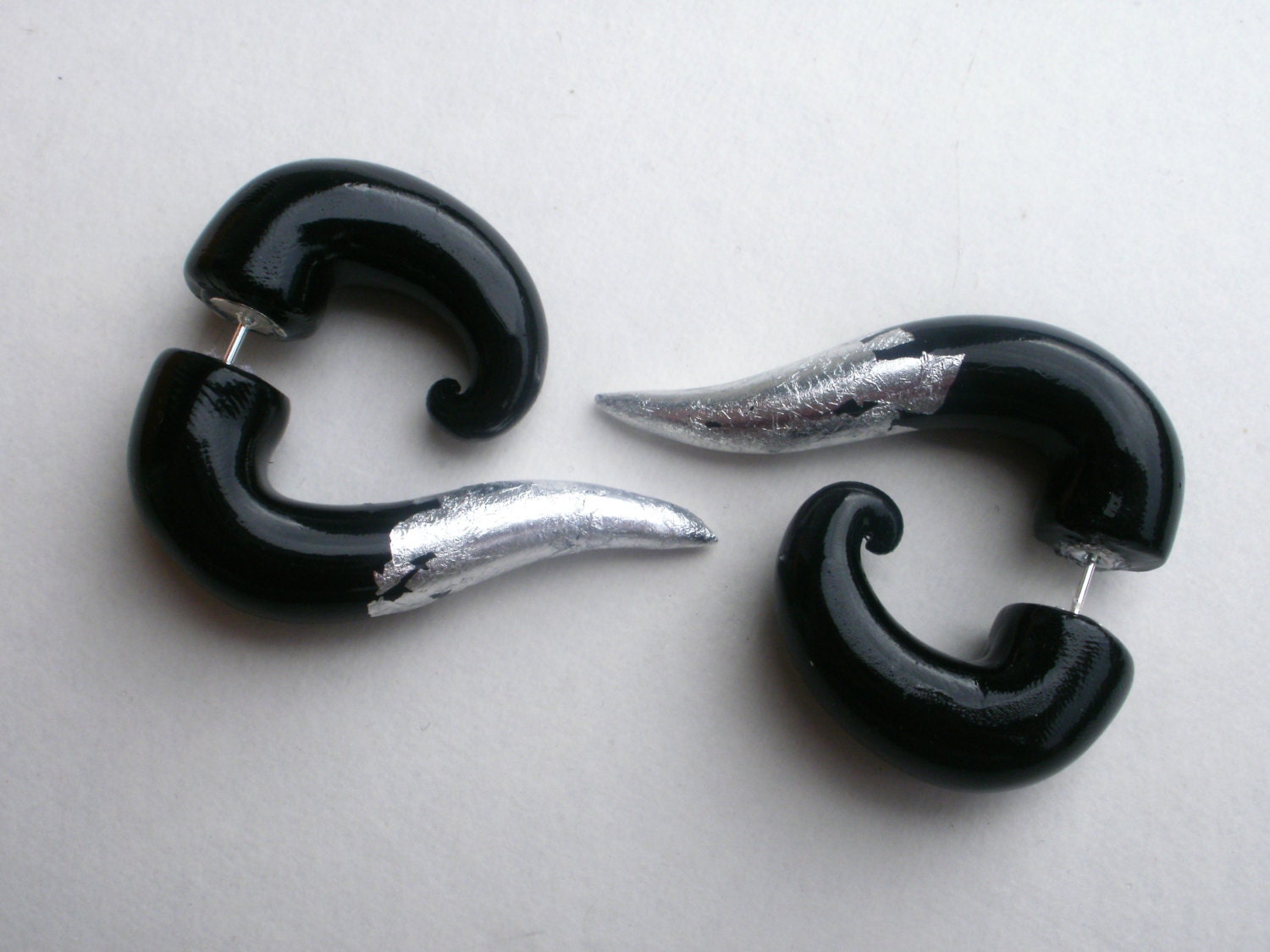 Silver Tipped Black Fake Gauge Earring
