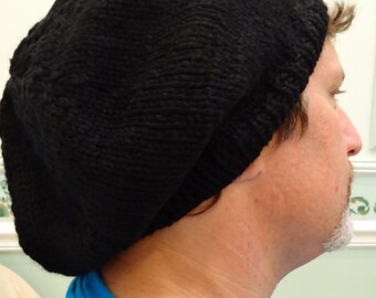 MEN'S KNIT HAT:Black Hat, Slouchy style, handknitted in a soft acrylic, worsted weight yarn