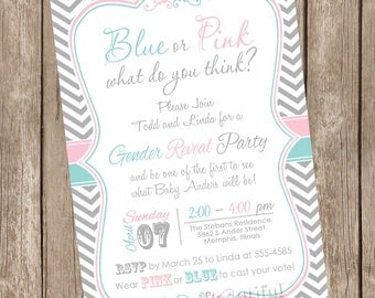 Chevron Gender Reveal Invitation Baby Reveal Invite printable invitation Blue or Pink What Do You Think?