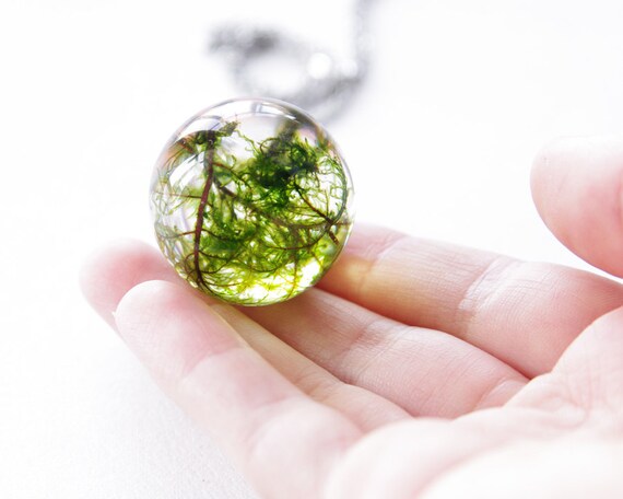 Large moss necklace - unique green resin orb ball - stainless steel chain