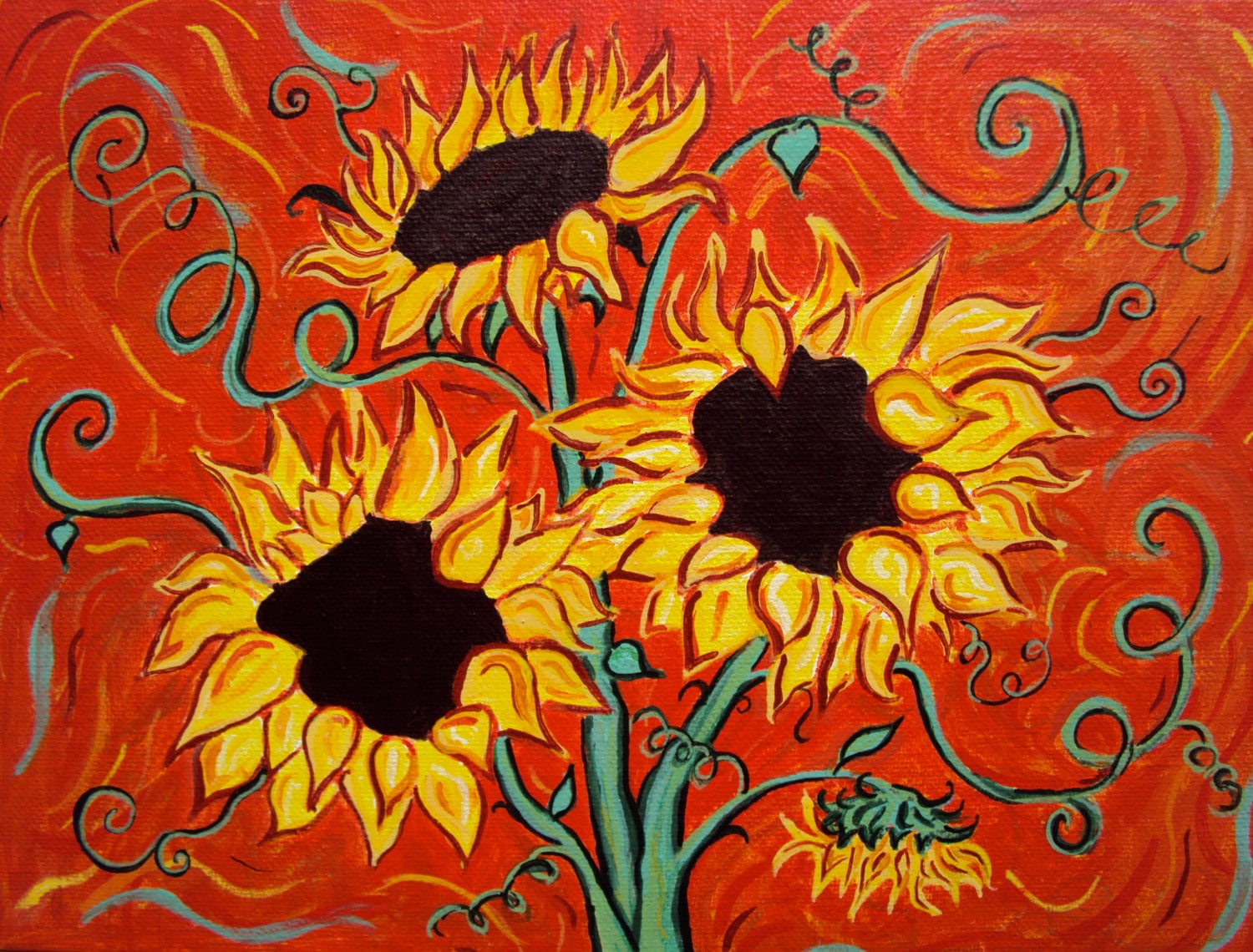 Original Acrylic Sunflower Painting Folk Art Flowers 9 x