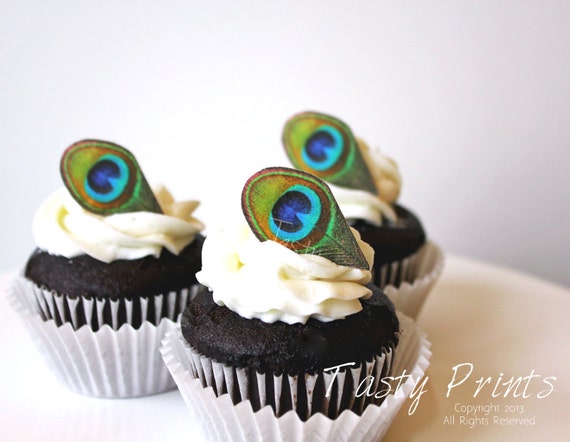24 EDIBLE Peacock Feathers - Petite Size - Classic - Cupcake topper - cake decoration, wedding, wedding cupcakes Il_570xn