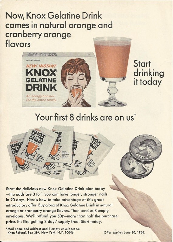 Knox Gelatine Drink Original 1966 Vintage Print Ad Color Photo