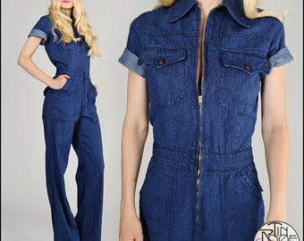 vintage 70s DEADSTOCK denim Bell Bottom Jumpsuit M/L jean pants workman