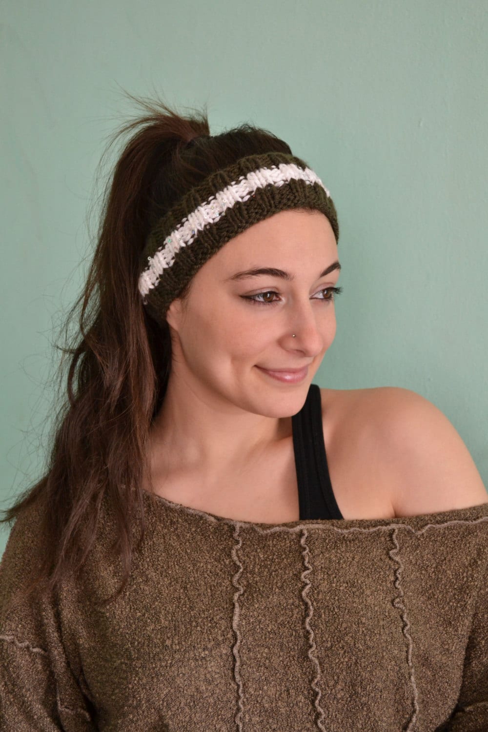 Thin Knitted Headband Stylish Headband with Sequins White